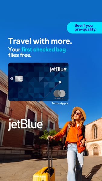 This JetBlue image ad promotes the JetBlue card by offering a free checked bag when using the card to book a flight. The