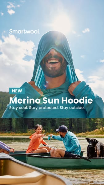 This image ad for Smartwool promotes their Merino Sun Hoodie. The ad features a person wearing the hoodie with the hood 
