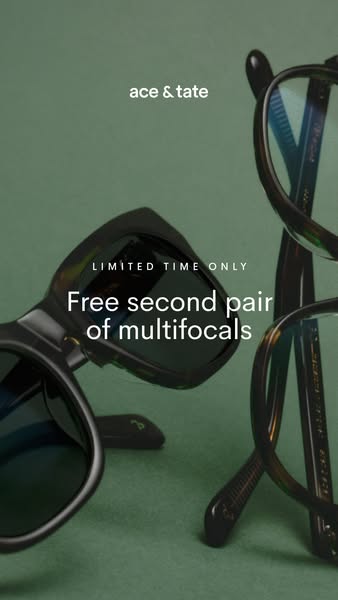 This image ad from Ace & Tate advertises a limited-time offer for a free second pair of multifocal glasses.