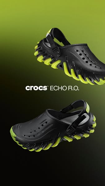 This ad features two angles of the black and lime-green Crocs Echo R.O. clog against a green and black gradient backgrou