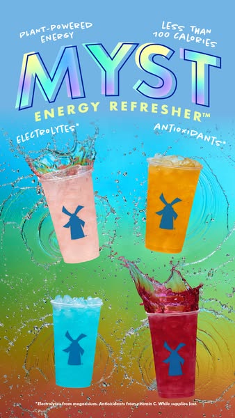 A bright and colorful ad for MYST energy drinks. Four drinks are shown with splashes and bubbles around them. Text highl