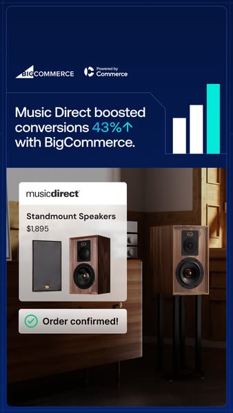 This ad showcases how Music Direct boosted conversions by 43% using BigCommerce. The ad features an image of standmount 