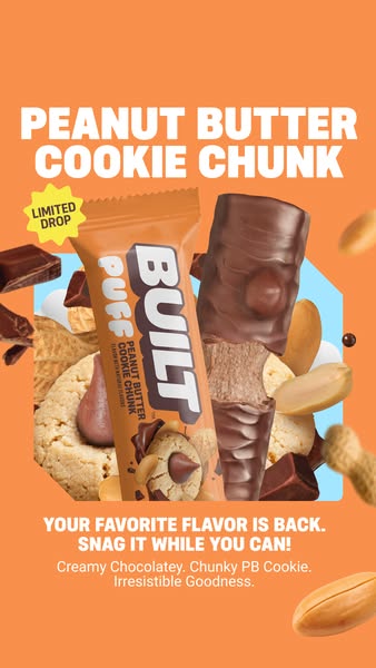 This ad promotes Built's Peanut Butter Cookie Chunk Puff protein bar. The ad uses a bright and eye-catching color sc