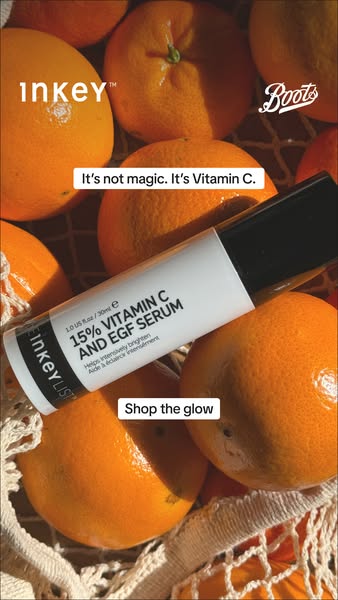 An ad for Inkey List's 15% Vitamin C and EGF Serum, the image shows the product placed among fresh oranges inside of