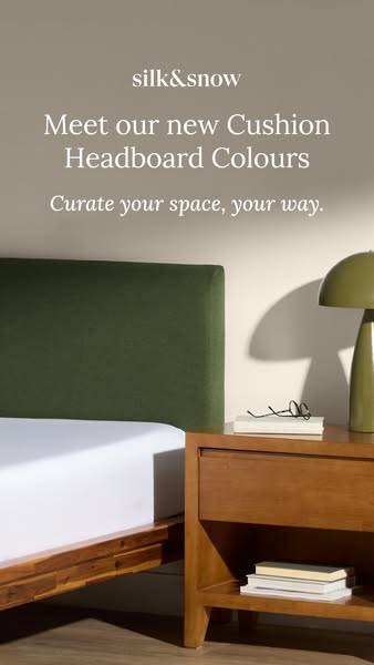 This image ad showcases the brand Silk & Snow and their new cushion headboard colours. The ad aims to inspire viewer