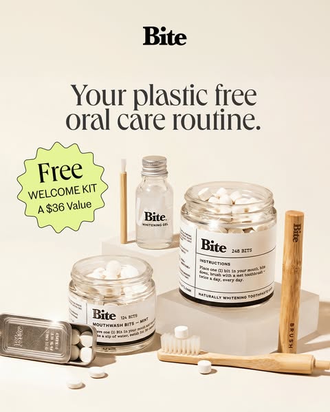 Image ad for Bite brand oral care products, highlighting their plastic-free oral care routine and including an offer for