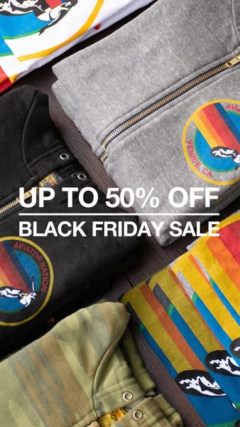 This image ad for Aviator Nation promotes a Black Friday sale with up to 50% off. The ad features a close-up shot of var