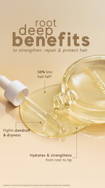 This ad showcases the Inde Wild Champi Hair Oil and its benefits: strengthens, repairs, and protects hair, fights dandru