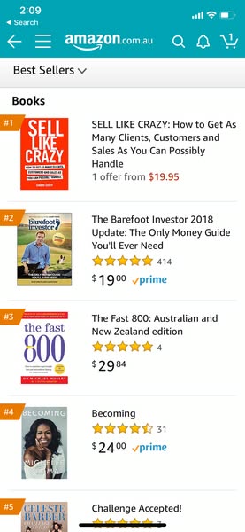 This ad is a screenshot of an Amazon best sellers list for books. The list includes books such as "Sell Like Crazy&