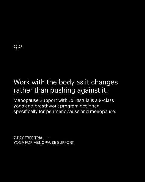 This ad promotes Glo's yoga and breathwork program designed specifically for perimenopause and menopause support. Th