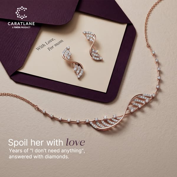 This CaratLane ad shows earrings and a necklace positioned on and around a card, presented in a rose-gold color palette,