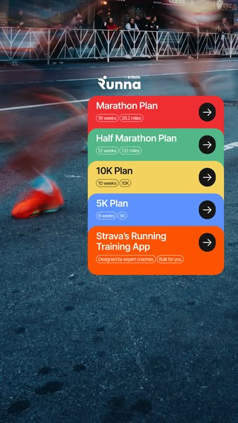 This ad for Runna features an active lifestyle background of a runner blurred in motion. Overlaid on top is a list of av