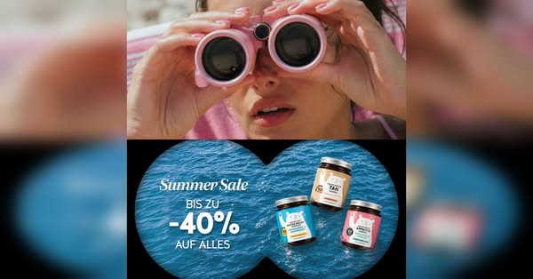 This image ad features a woman looking through binoculars. The view through the binoculars is stylized to promote a summ