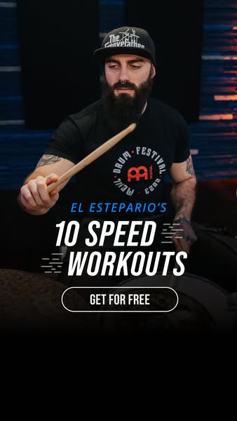 This ad shows a drummer, El Estepario, and highlights the availability of his 10 Speed Workouts for free.