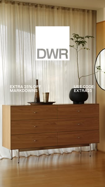 This ad showcases a wooden six-drawer dresser in a minimalist, modern setting. It features a discount offer and a promot