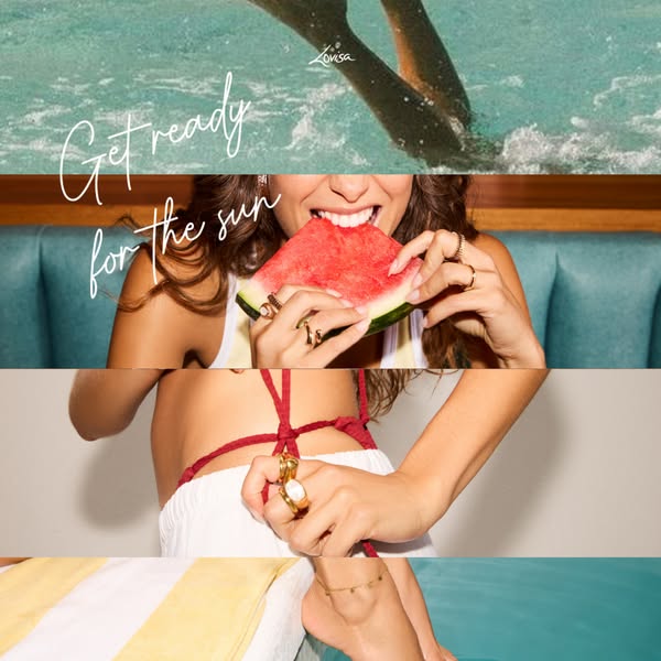 This image ad for Lovisa is designed to entice viewers with summer imagery. The ad uses a four-panel collage aesthetic t