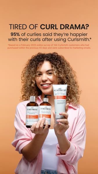 An ad by Curlsmith targeting people with curly hair who are tired of curl drama. It shows a curly haired woman holding t