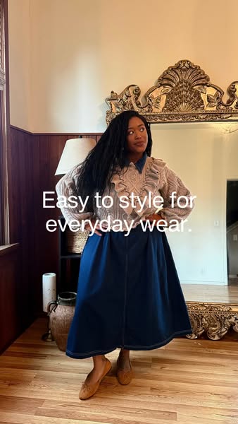 This ad for an outfit consisting of a sweater and denim skirt demonstrates the ease of styling and wearability of the pi