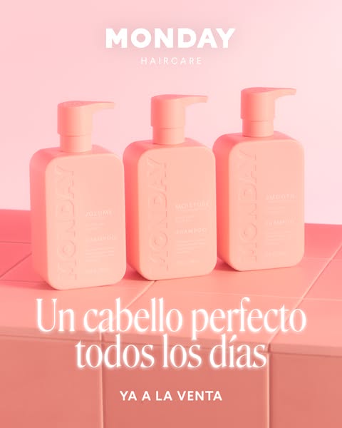 An ad featuring three different types of MONDAY haircare shampoo. The advertisement uses a simple design and color palet