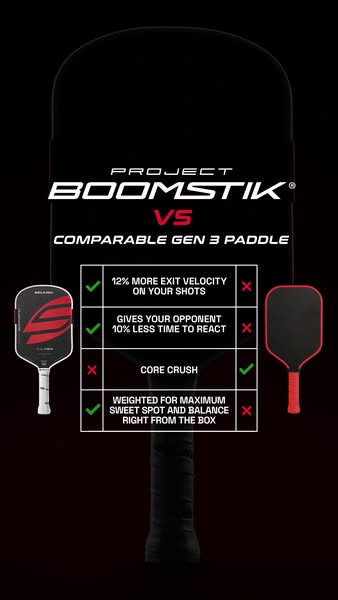 This ad compares the Project Boomstik pickleball paddle to a comparable Gen 3 paddle, highlighting the Boomstik's ad