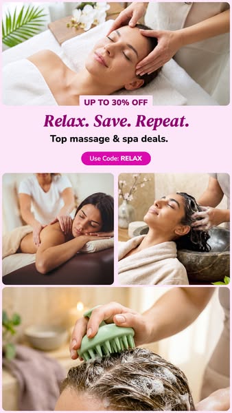 This ad promotes massage and spa deals with an offer of up to 30% off. The ad features a woman receiving a massage and a