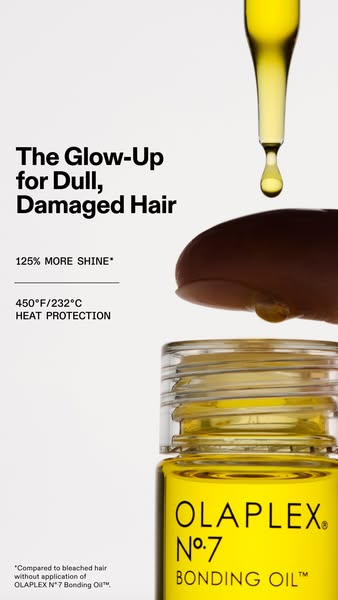 This ad showcases Olaplex No. 7 Bonding Oil, highlighting its benefits for dull, damaged hair by providing shine and hea