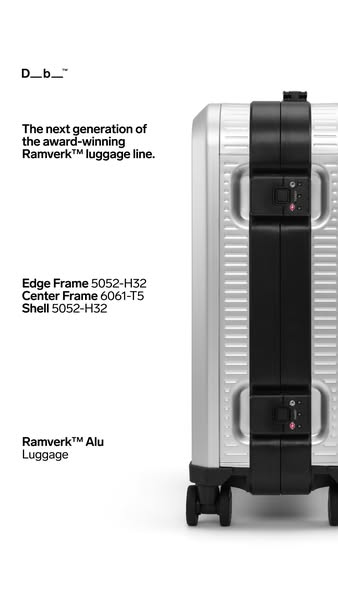 This ad showcases the high-end and durable features of the Ramverk Alu Luggage, highlighting its award-winning design an