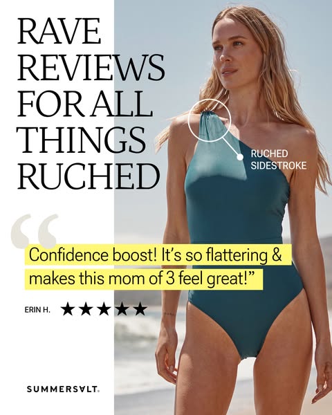 This ad promotes Summersalt swimwear, highlighting the 'Ruched Sidestroke' one-piece swimsuit. It features a pos