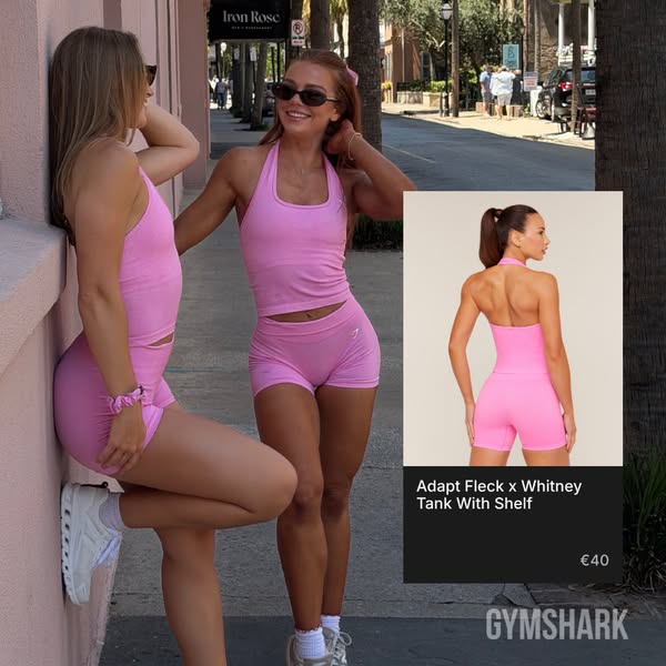 This ad features a photo of two women wearing matching pink workout outfits from Gymshark. A product detail block overla