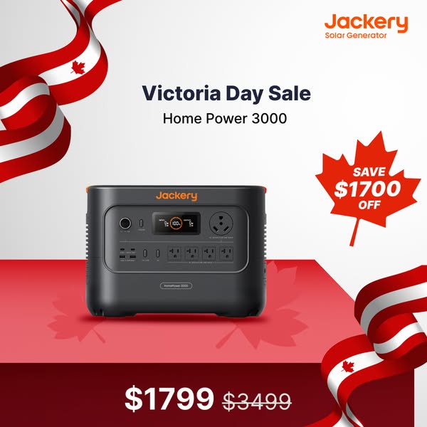 This image ad promotes a Jackery Home Power 3000 solar generator during a Victoria Day Sale, emphasizing a significant p