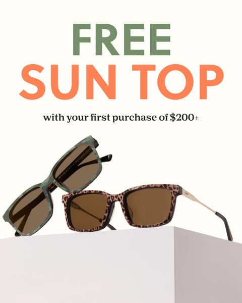 This image ad promotes sunglasses and offers a free sun top with a minimum purchase of $200. It features two pairs of su