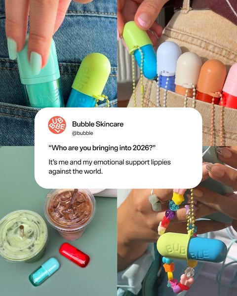 This ad for Bubble Skincare uses a multi-panel collage to showcase their emotional support lippies. The ad leverages a t