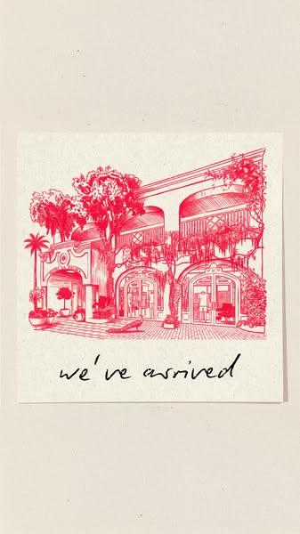 This ad features a red line drawing of a building, evoking a sense of arrival and luxury. The illustration style and sim