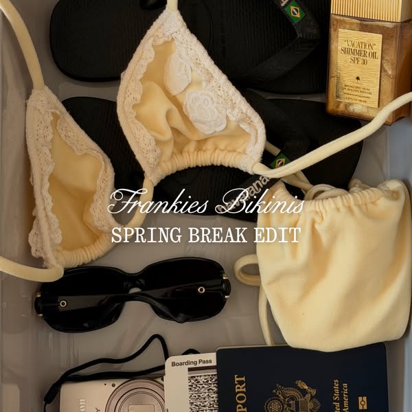 This ad features a flatlay-style product curation to promote Frankie's Bikinis' 'Spring Break Edit'. It 