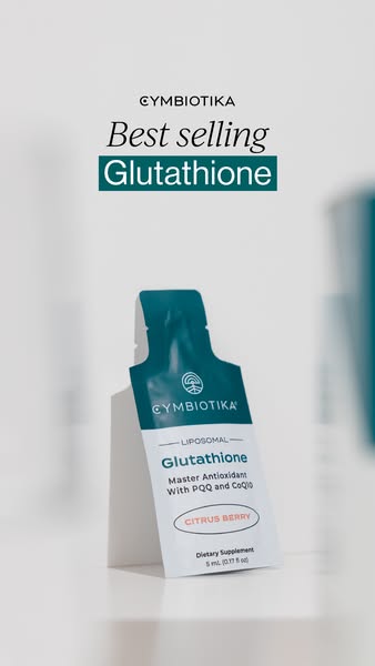 This ad features Cymbiotika's best-selling liposomal glutathione in citrus berry flavor. The ad highlights the produ