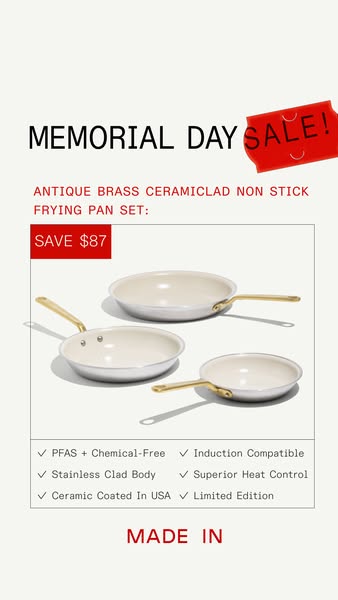 A Memorial Day promotional ad for Antique Brass Ceramiclad Non Stick Frying Pan Set. It mentions that the frying pans ar