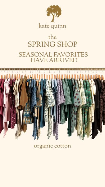 This ad showcases a curated collection of clothing hanging on a rack, emphasizing organic cotton and seasonal favorites 