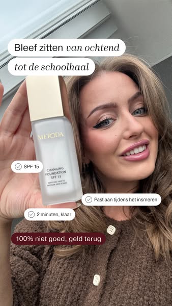 This ad for Meroda foundation features a woman showing off the product in a selfie-style video with text annotations des
