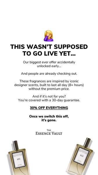 This image ad for The Essence Vault creates a sense of urgency by stating that their biggest offer was accidentally unlo