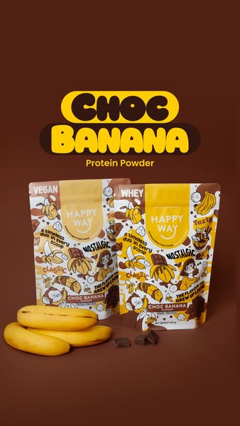 This ad features two bags of Happy Way protein powder in the flavors Choc Banana in both a vegan and whey option. The ov