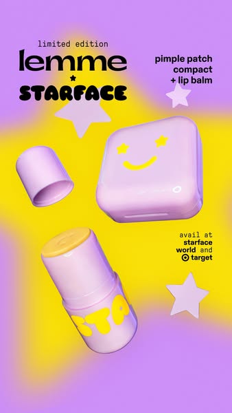 This image ad shows a limited edition Lemme Starface product that includes a pimple patch compact and a lip balm. It is