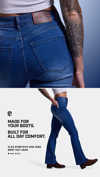 This ad showcases a pair of mid-rise boot cut jeans, emphasizing their comfort and suitability for wearing with boots. T