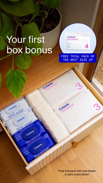 This ad promotes Coterie diapers and wipes, highlighting a bonus offer of a free trial pack of the next size up with the