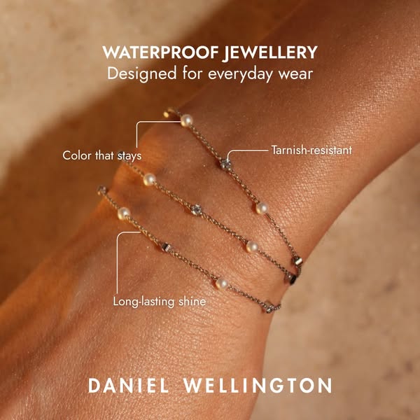 This image ad promotes Daniel Wellington jewellery as waterproof and designed for everyday wear. It highlights the produ