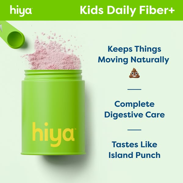 This ad for Hiya Kids Daily Fiber+ highlights the features and benefits of the product. It emphasizes the palatable tast