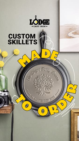 This image ad promotes Lodge cast iron custom skillets, highlighting their ability to create personalized cookware. The 