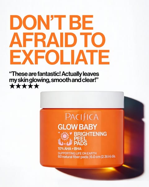 This image ad by Pacifica promotes its Glow Baby Brightening Peel Pads. The ad features a close-up of the product contai