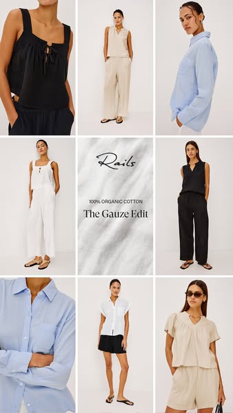 This image ad showcases RAILS' new gauze collection of organic cotton clothing. A grid of images features a variety 