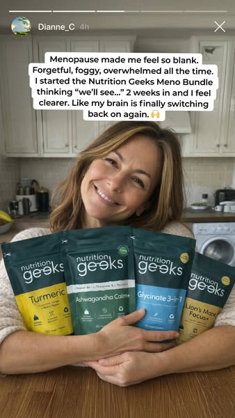 The image ad features a woman named Dianne_C providing a testimonial for Nutrition Geeks Meno Bundle. She shares her exp