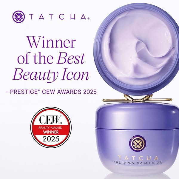 This ad for Tatcha's The Dewy Skin Cream highlights the product's award-winning status as a 'Beauty Icon'